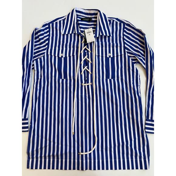 Lauren Ralph Lauren Women's Long Sleeve Blue White Stripe Shirt Size PL NWT - Picture 7 of 16